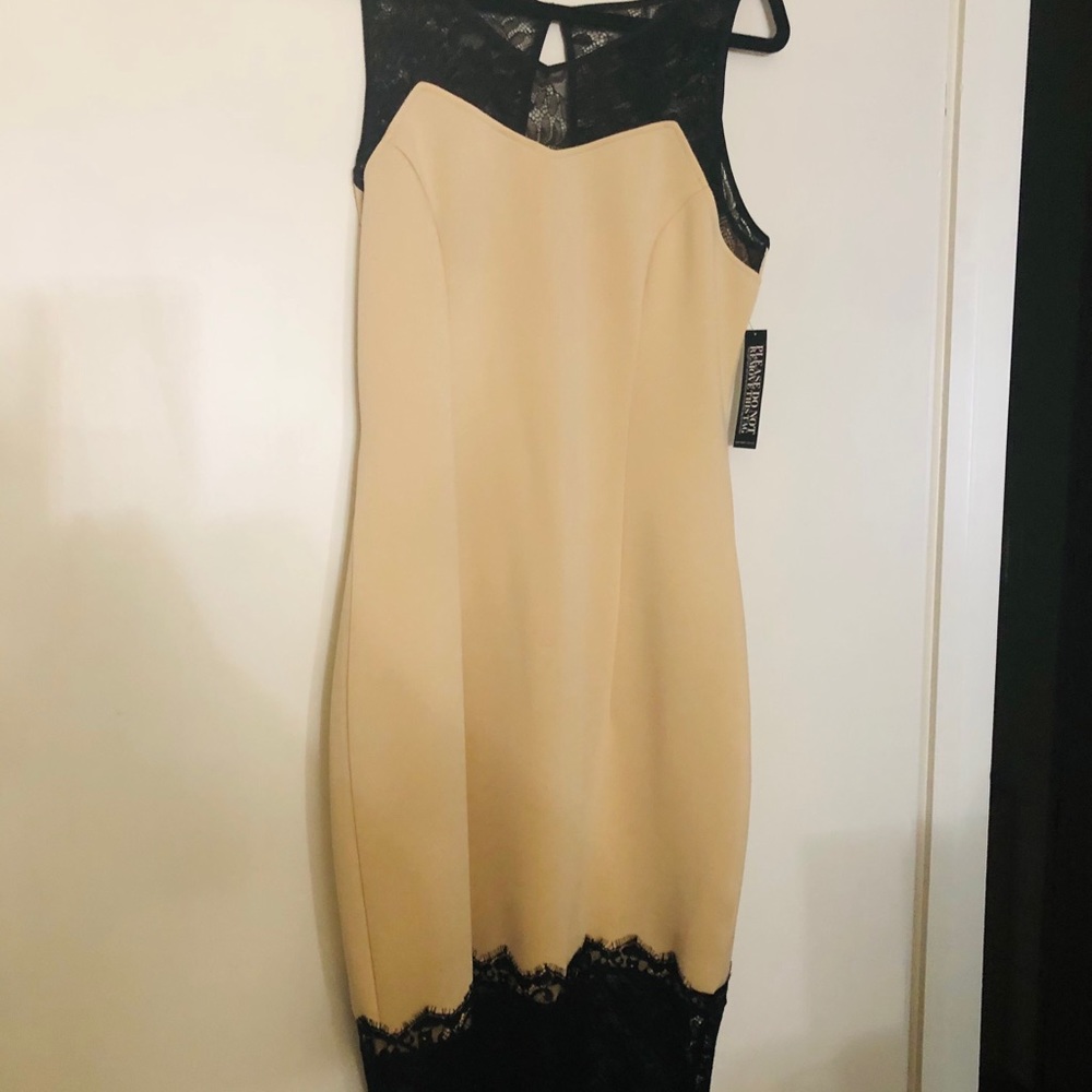 Tan and black lace body con midi dress